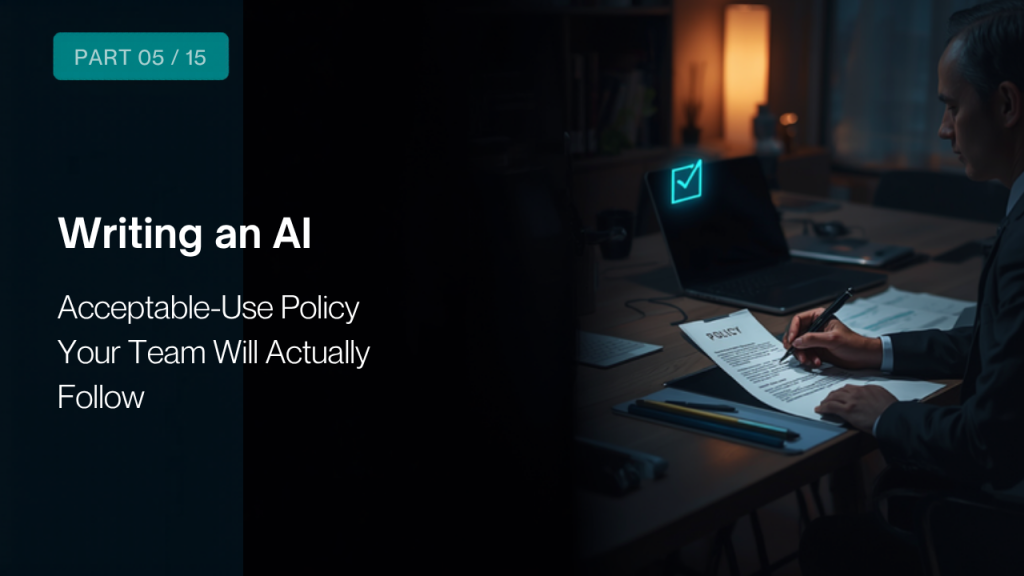 Manager reviewing an AI policy document at a moody desk