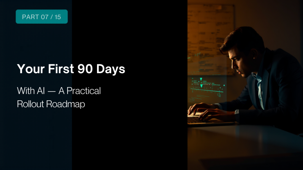 Businessperson planning an AI rollout at a desk at night
