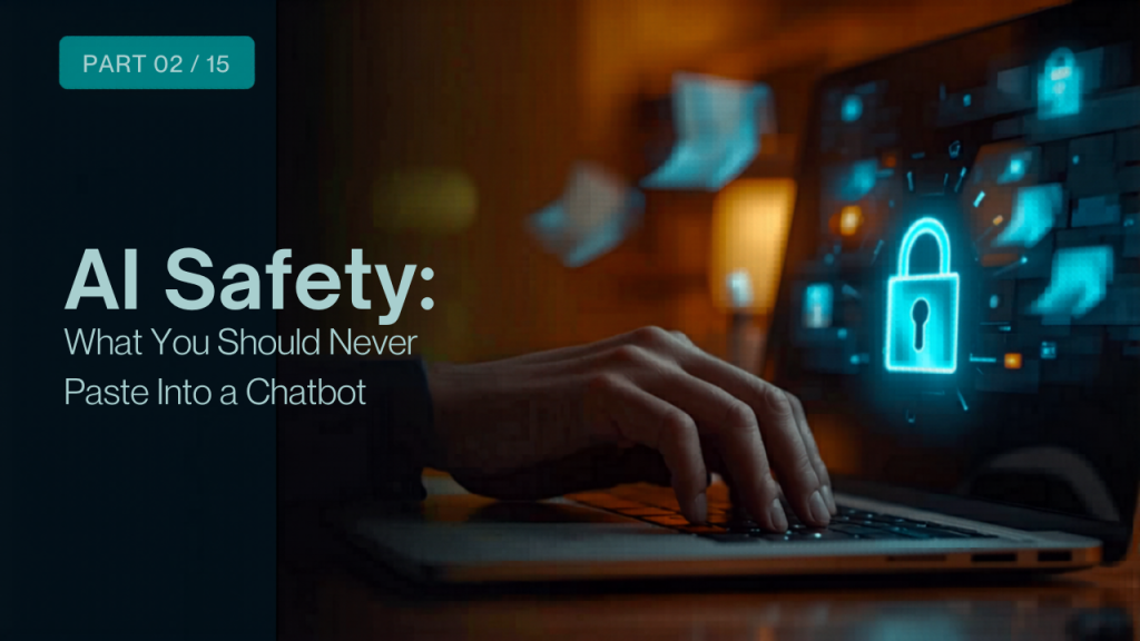 Hands on a laptop keyboard with a glowing data lock and floating icons