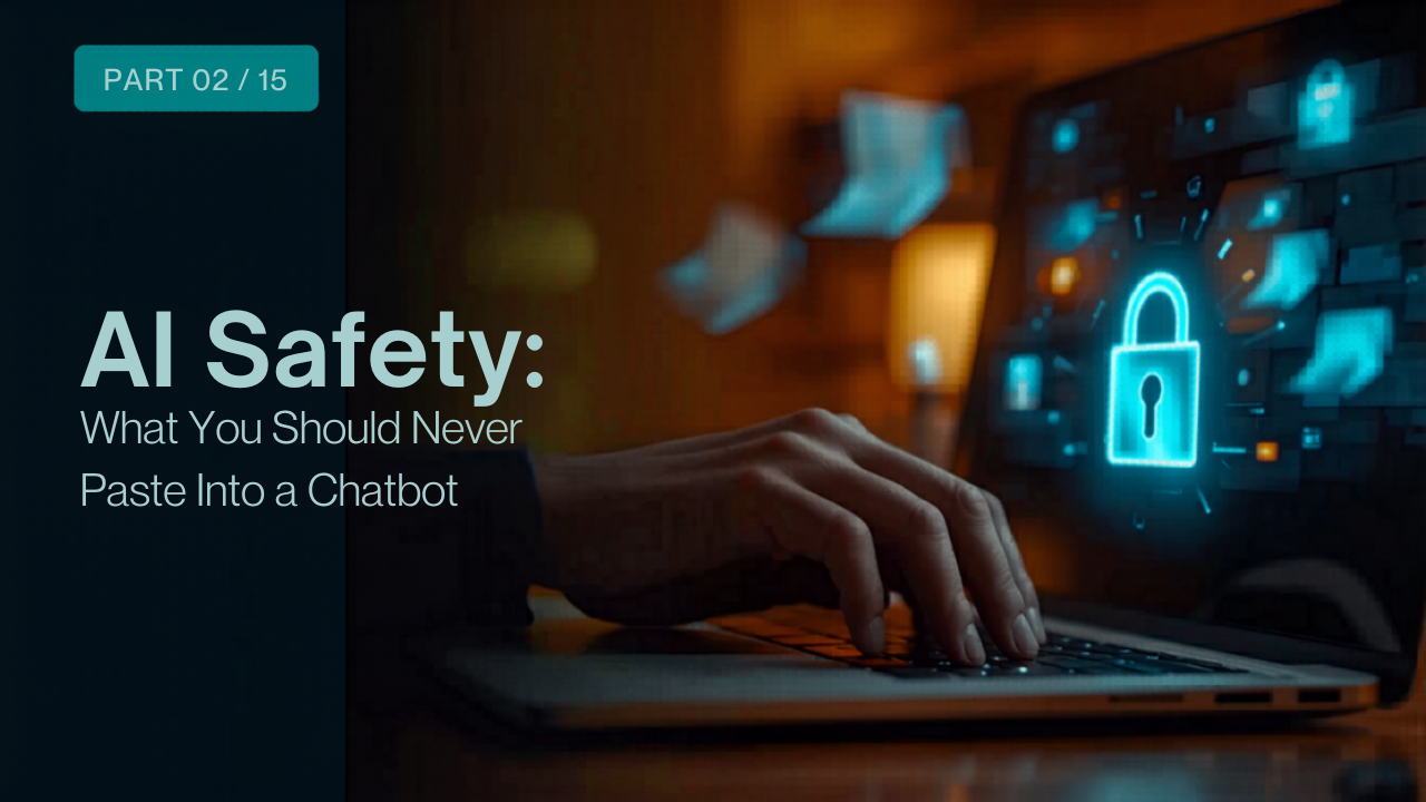 Hands on a laptop keyboard with a glowing data lock and floating icons