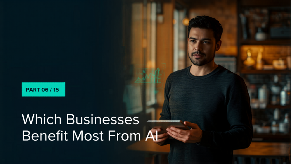 Small-business owner holding a tablet with a glowing growth chart